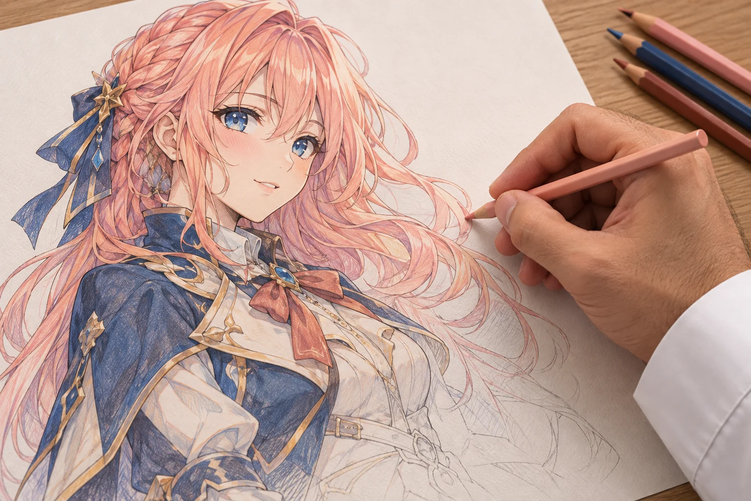 رسم أنمي أثناء إضافة الخطوط والتظليل باليد — صورة توضيحية مولّدة