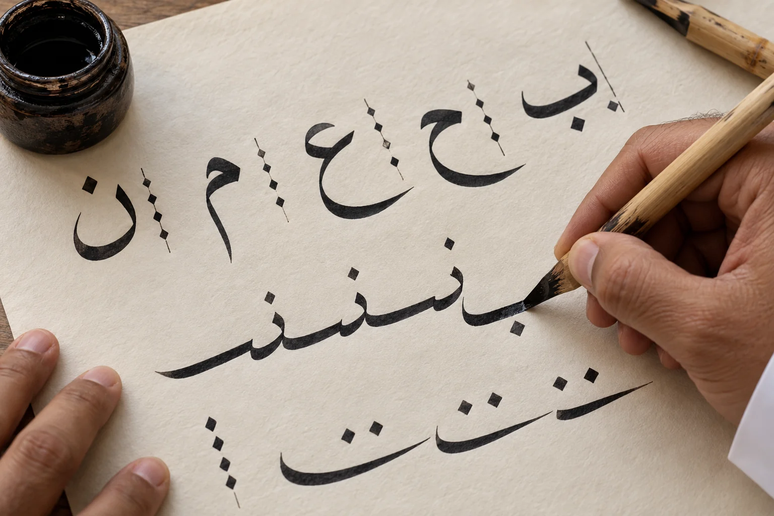 كتابة حروف عربية بقلم الخط على الورق — صورة توضيحية مولّدة
