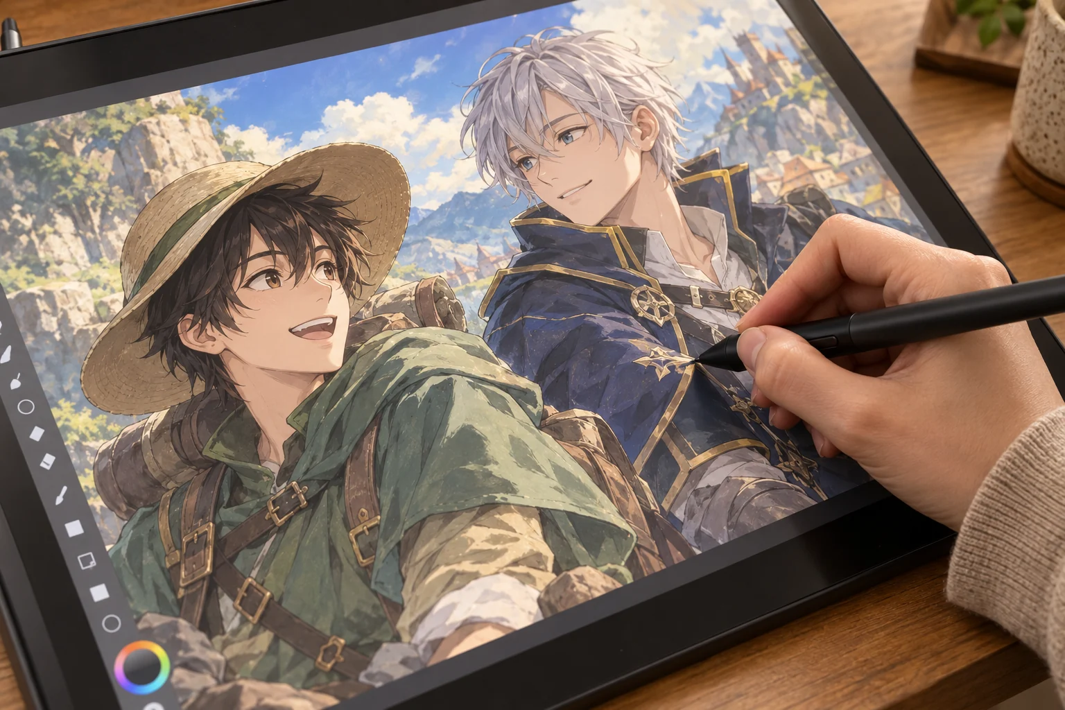 رسم رقمي أثناء إنجازه بالقلم على شاشة الرسم — صورة توضيحية مولّدة
