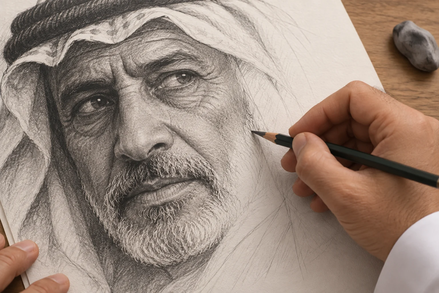 يد فنان تضيف التظليل بالرصاص إلى رسم احترافي — صورة توضيحية مولّدة