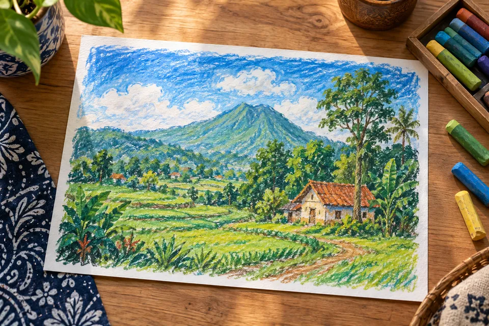 رسمة منظر طبيعي بألوان الباستيل تلهم أنشطة الرسم للأطفال