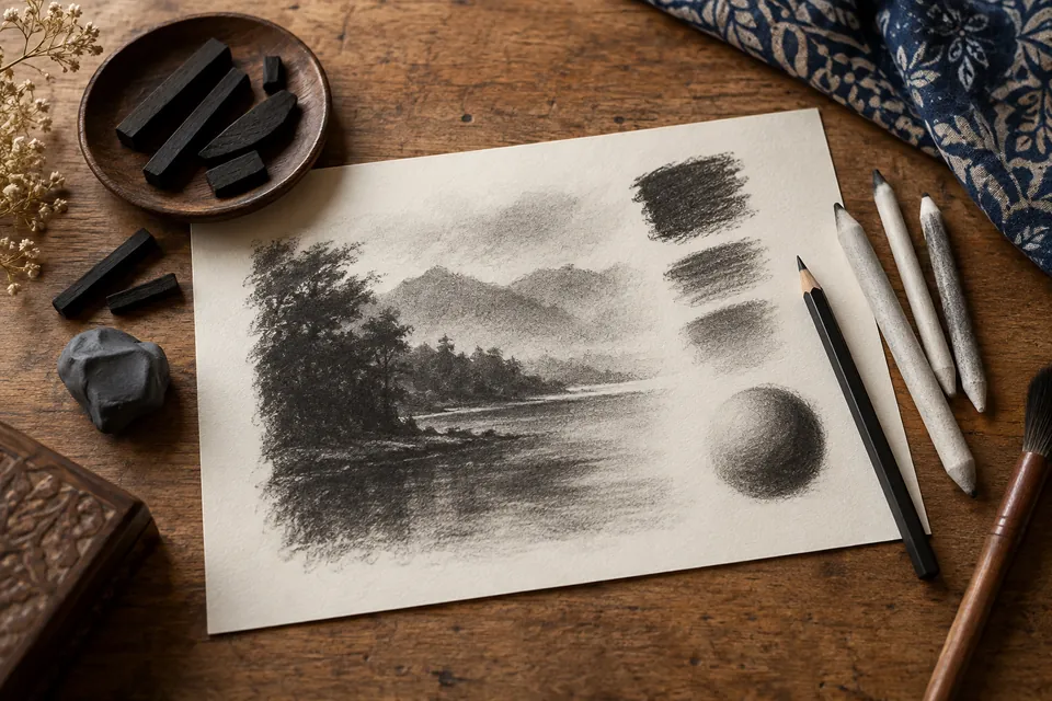 أدوات فحم وفرش وممحاة وعينات للضوء والظل على ورق الرسم
