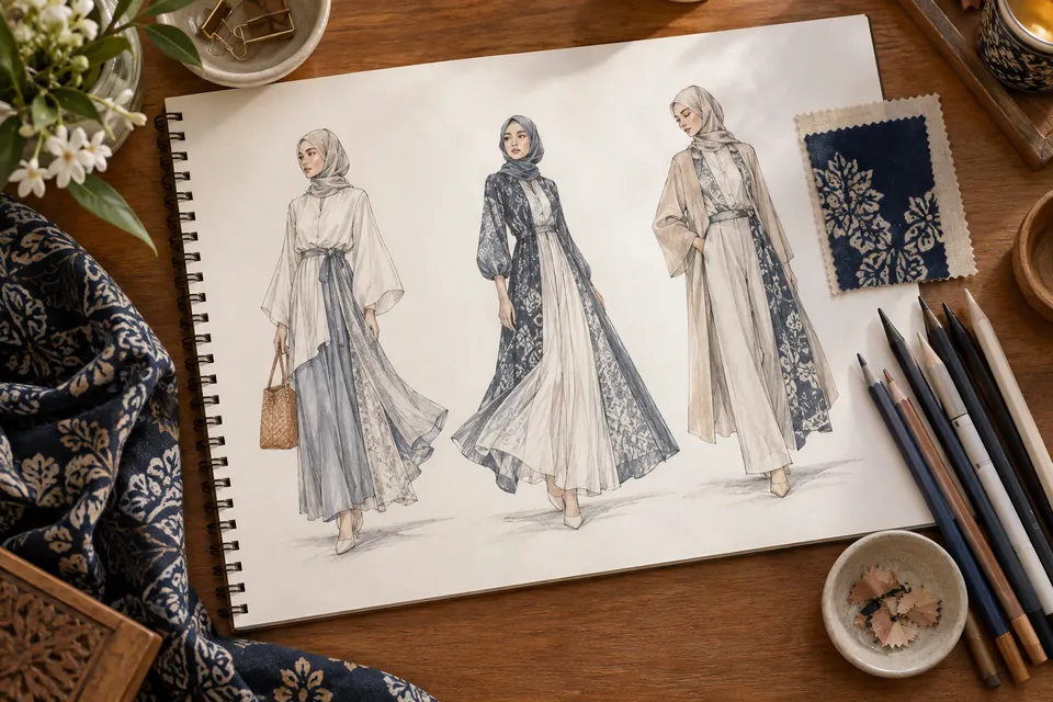 رسوم أولية لأجسام عارضات الأزياء في عدة وضعيات مع رسومات أزياء ملوّنة