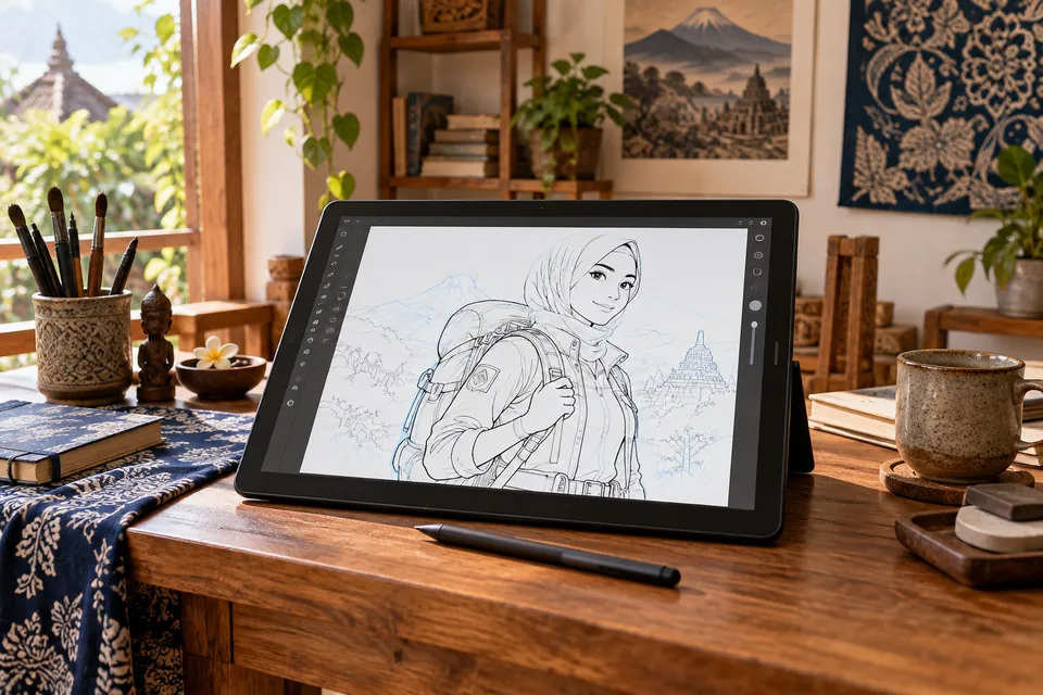 جهاز رسم لوحي يعرض تحبير شخصية أصلية مع رسم أولي منظم