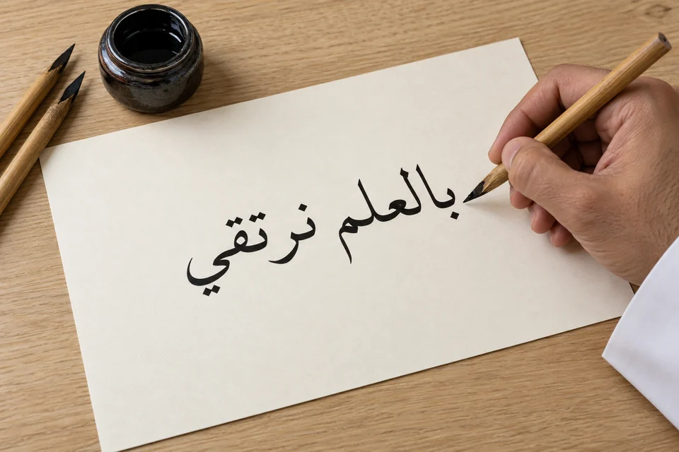 تكوين خطي لعبارة بالعلم نرتقي على ورق عاجي بجانب أدوات الخط، صورة توضيحية مولّدة
