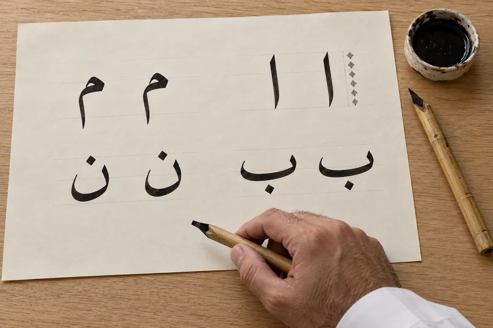 تمارين حروف عربية بالحبر الأسود مع علامات قياس بالقلم، صورة توضيحية مولّدة