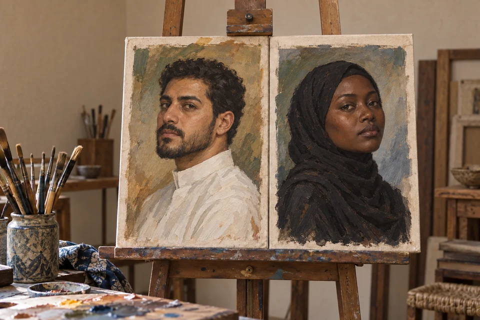 بورتريهان بالألوان الزيتية لامرأة عربية ورجل عربي بدرجات بشرة مختلفة على حامل رسم، صورة توضيحية مولّدة