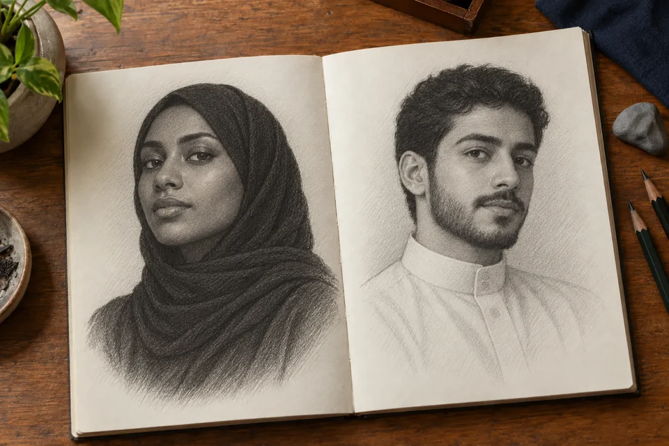 بورتريهان مرسومان بالرصاص لامرأة عربية ورجل عربي بدرجات بشرة مختلفة داخل دفتر رسم، صورة توضيحية مولّدة