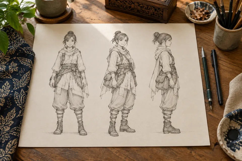 رسوم أولية لشخصية أنمي بوضعيات واتجاهات نظر متعددة
