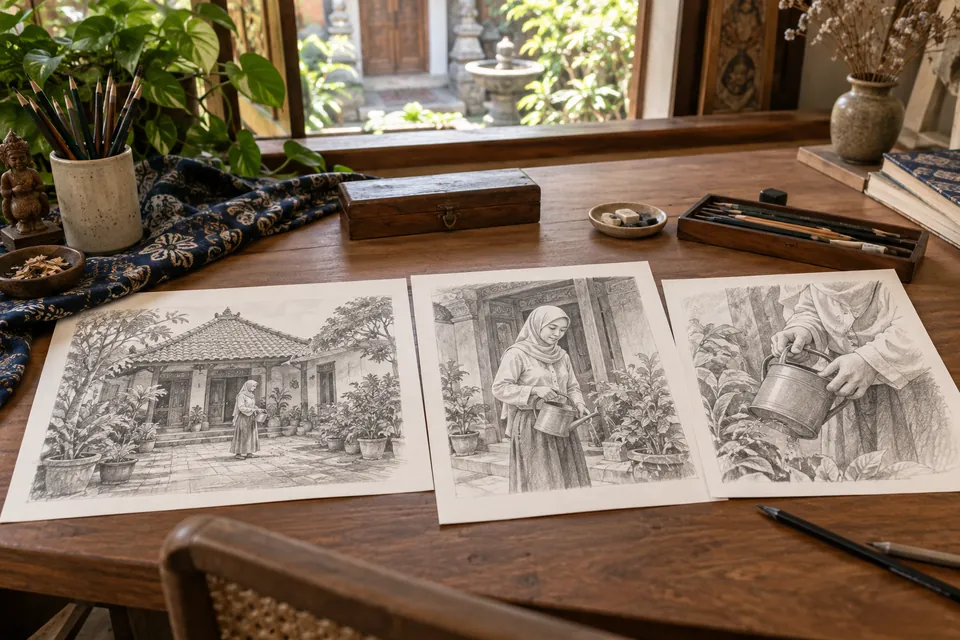 ثلاث رسومات للستوري بورد تستخدم لقطة واسعة وأخرى متوسطة وثالثة قريبة
