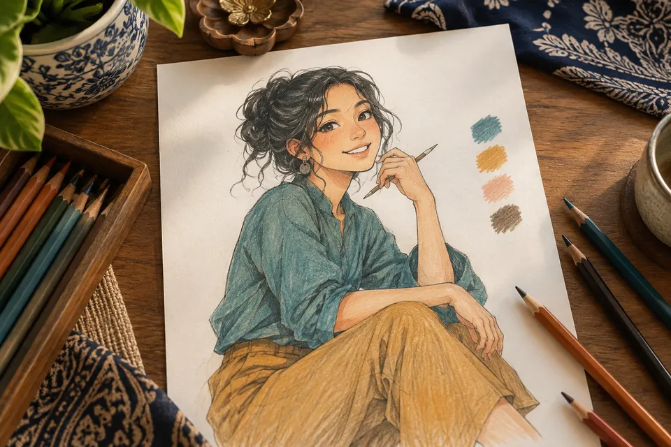 رسم أنمي ملوّن على طاولة مع أقلام تلوين وأمثلة للتظليل