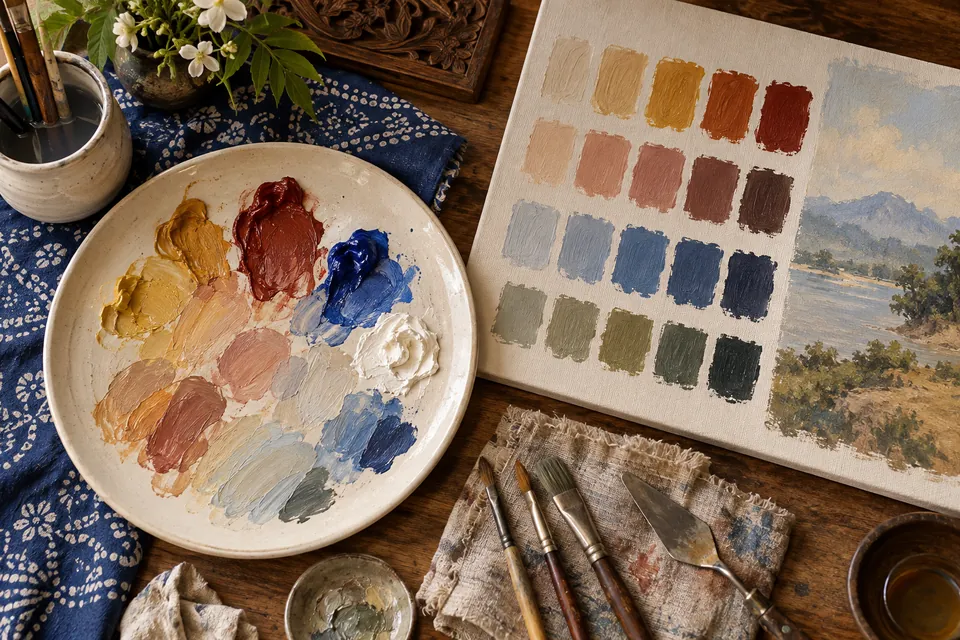 لوح مزج ألوان زيتية مع مزجات ودراسات للتدرجات داخل مرسم