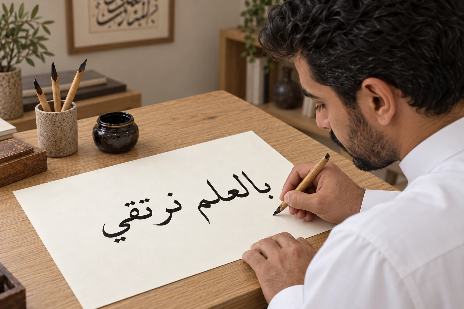 خطّاط عربي بثوب أبيض يعمل بقلم القصب على عبارة بالعِلم نرتقي، بجانب محبرة وأقلام داخل مرسم خط عربي مرتب — صورة توضيحية مولّدة