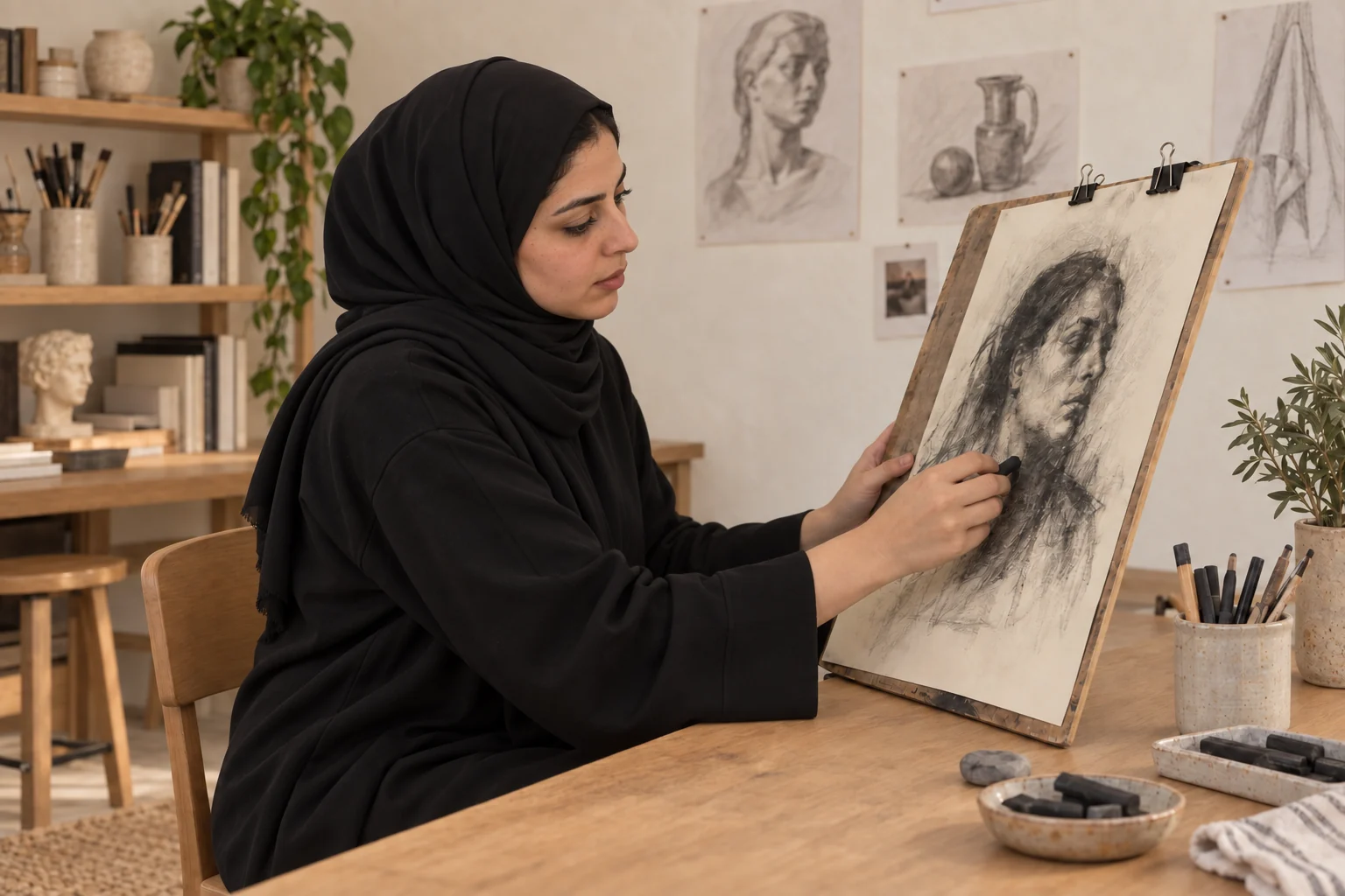شابة سعودية بعباية سوداء ترسم دراسة بالفحم داخل استوديو دافئ ومرتب — صورة توضيحية مولّدة
