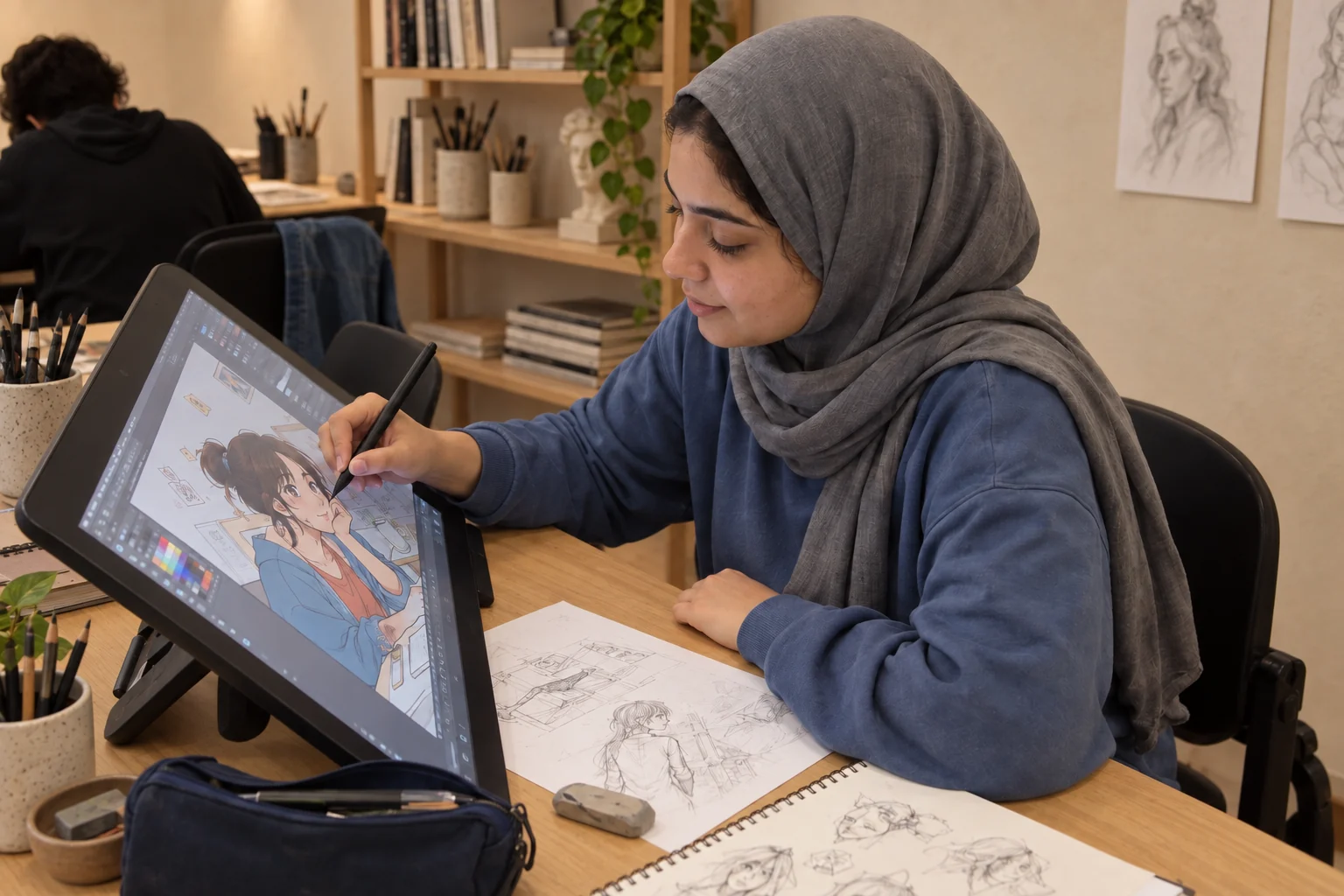 فنانة عربية ترسم شخصية رقمية باستخدام القلم واللوح الرقمي — صورة توضيحية مولّدة